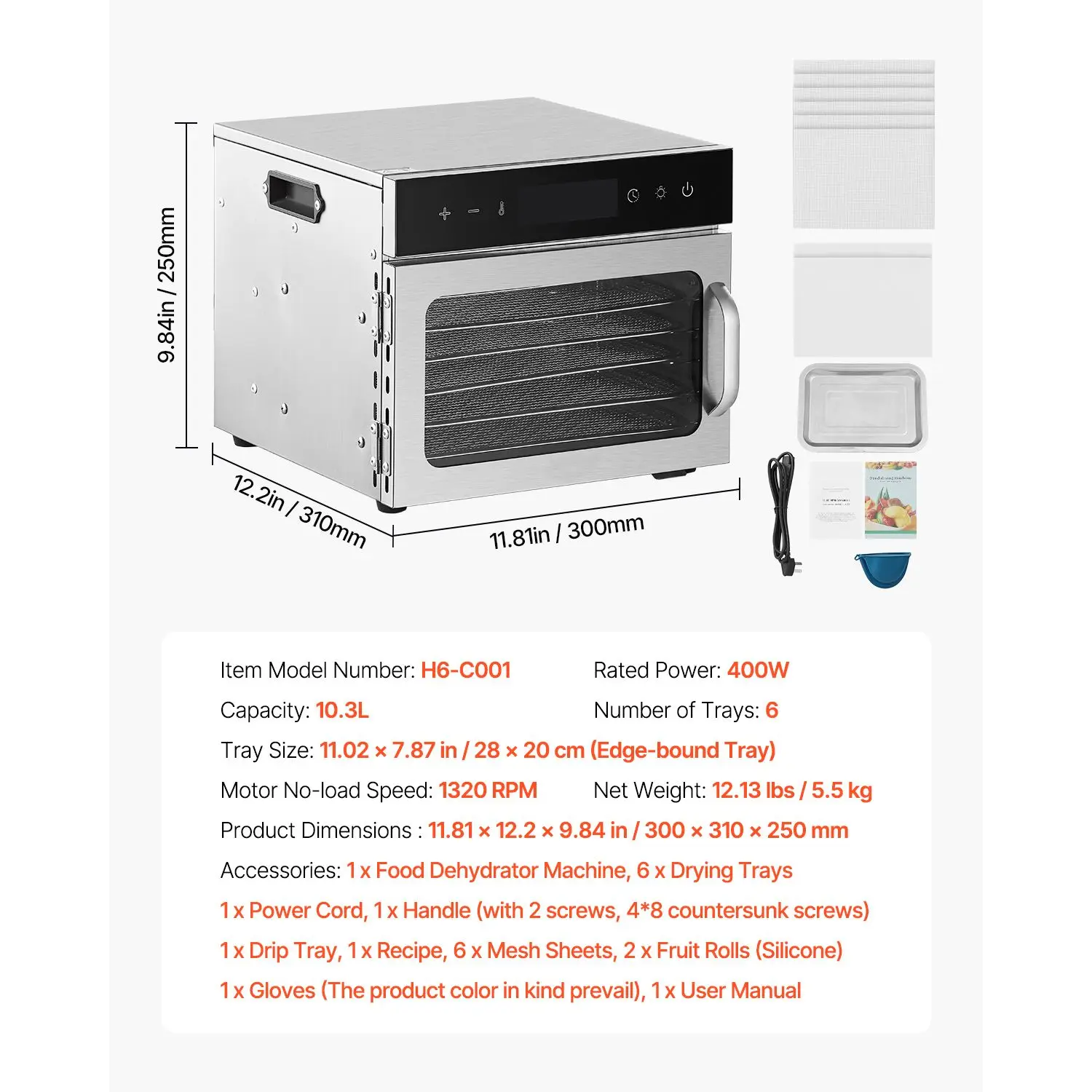 Dehydrator Tray Electric - Dörrgerät, 6 Edelstahlschalen, 400W Elektrischer Lebensmitteltrockner